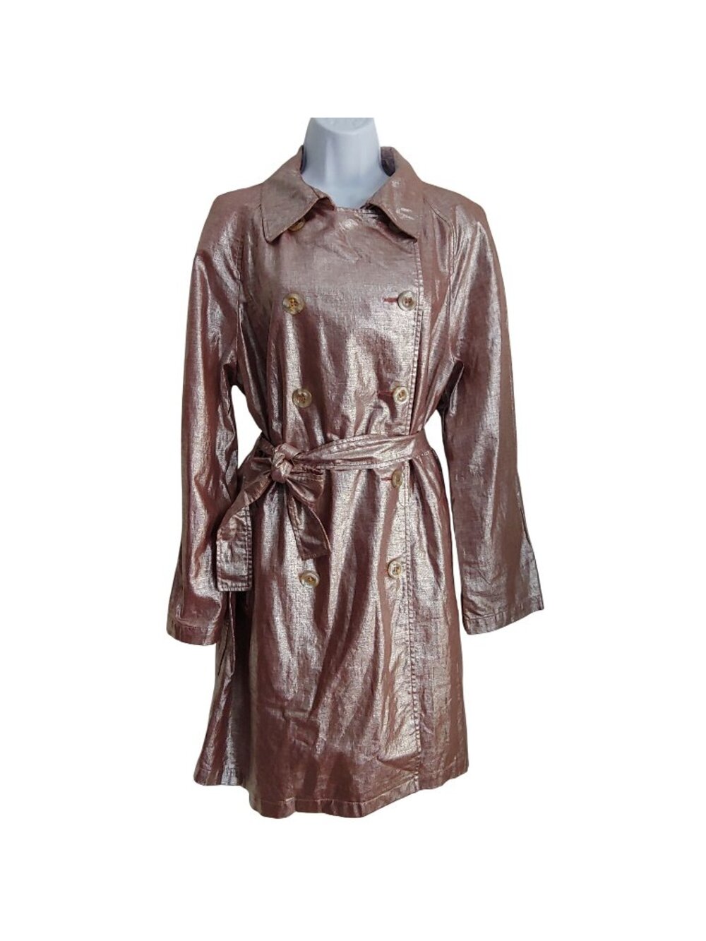 Bern & Mort Rose Gold Metallic Linen Trench Coat Belted Double Breasted Statemen